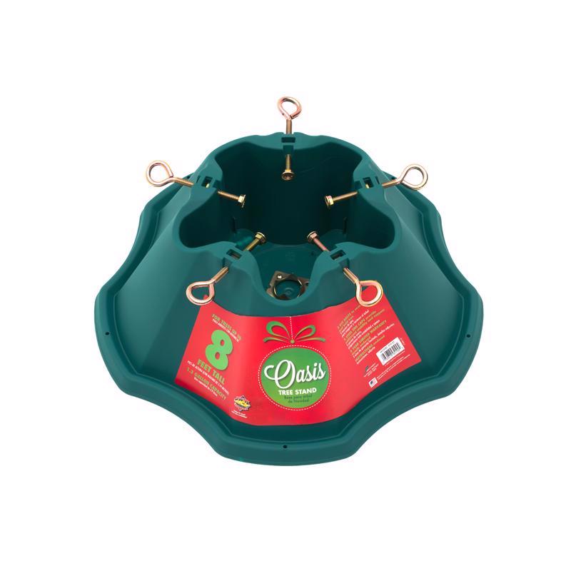 Emery Jensen Oasis 8ft plastic tree stand with sturdy base and adjustable supports for Christmas trees.
