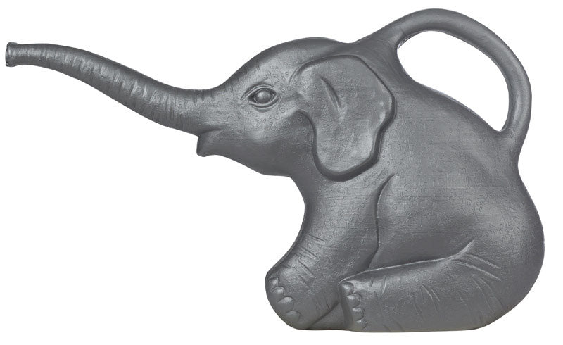 Emery Jensen plastic watering can shaped like an elephant, 2-quart capacity, ideal for garden watering.