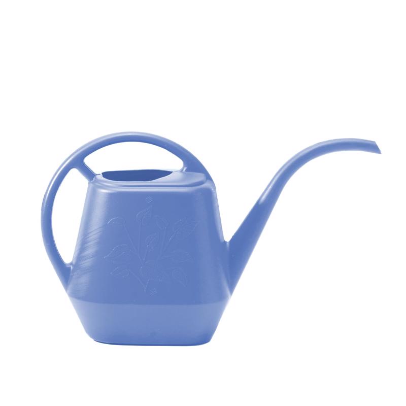 Blue plastic watering can by Emery Jensen, 56 oz capacity, with a handle and spout for easy watering of plants.