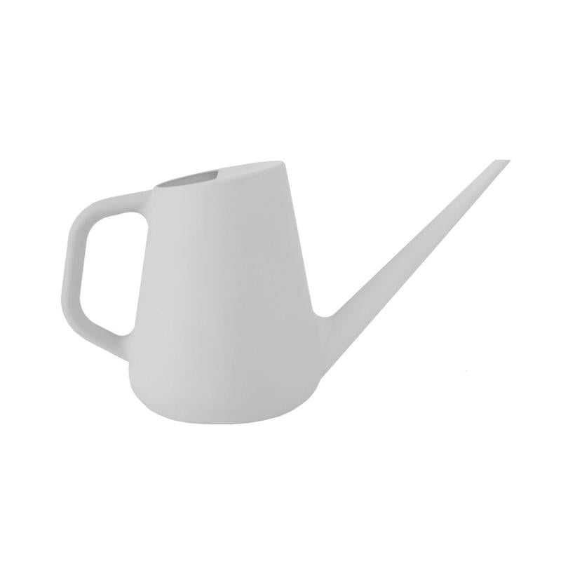 Gray plastic watering can by Emery Jensen, 1-gallon capacity, with a handle and spout for garden watering.