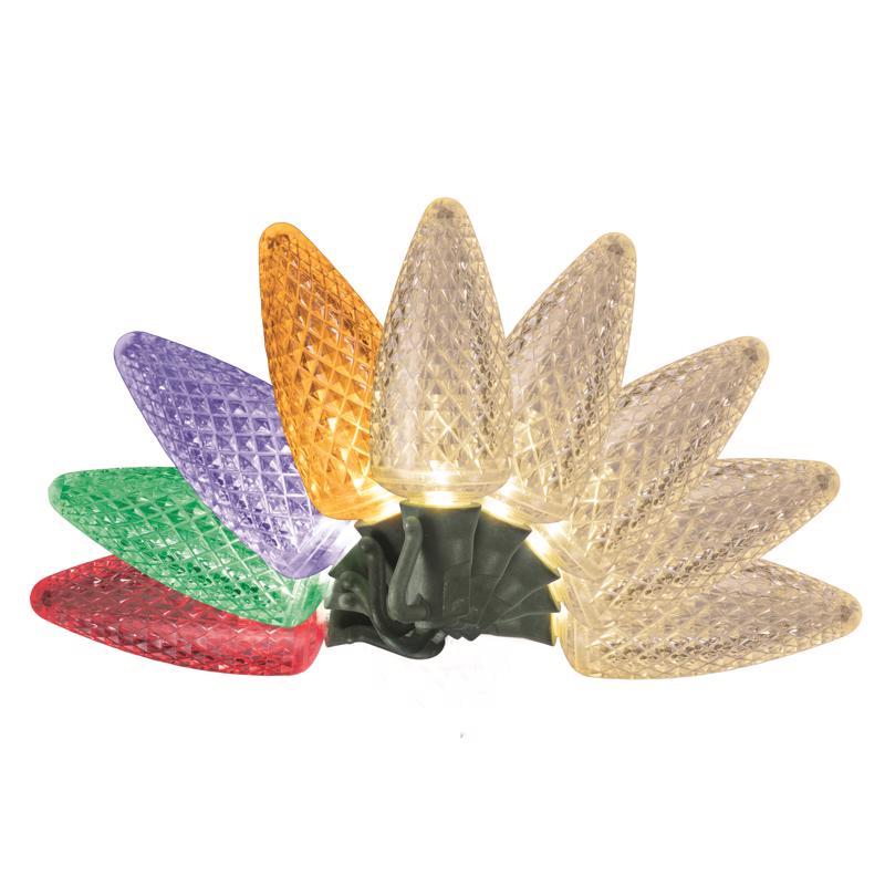 Emery Jensen CMAS LGHT C9 25CT Platinum LED C sets, clear glass bulbs with warm white light for holiday decorating.