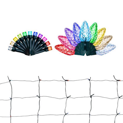 Emery Jensen Platinum LED Nets and ICICL Light Show Kit with multi-color LED lights and intricate wiring for festive displays