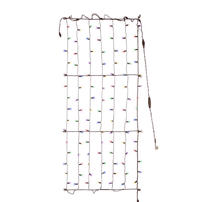 Emery Jensen platinum LED nets and Icicle lights wrapped around a tree trunk for decorative outdoor lighting.