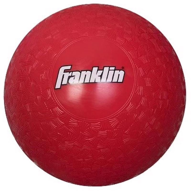 Red PVC playground ball by Emery Jensen, 8.5-inch size, designed for outdoor play and active recreation.