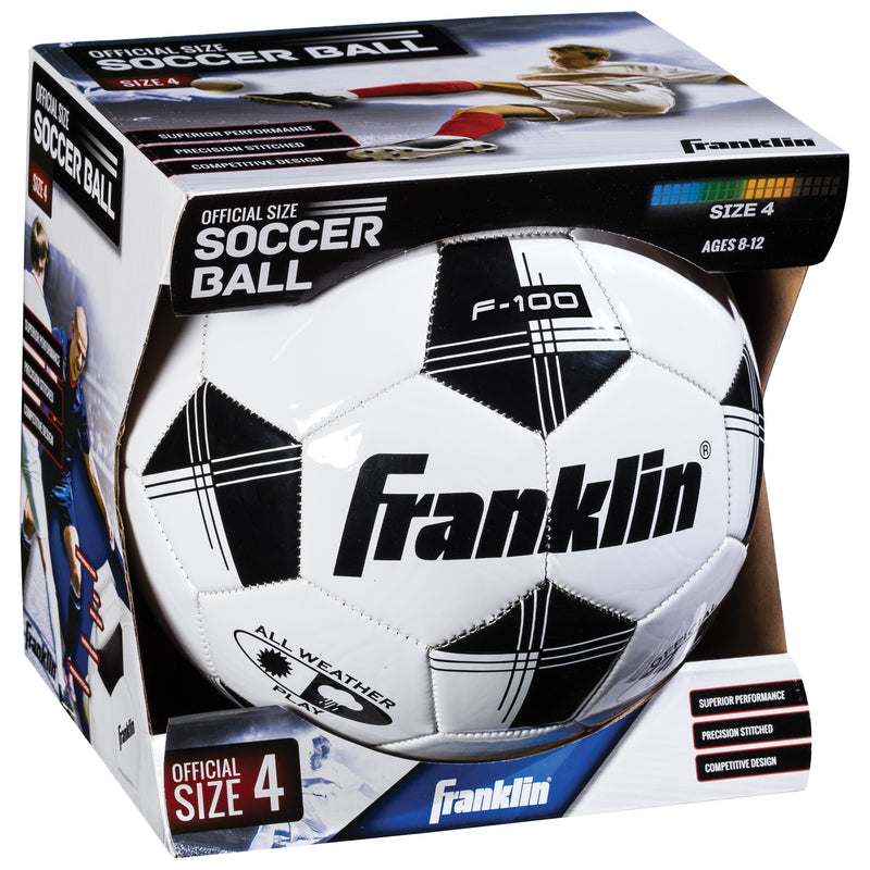 Emery Jensen PVC Soccer Ball size 4, playground ball, suitable for kids, featuring a durable surface and classic black and white design.