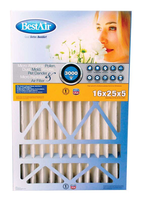 Pleated air filter 16x25x5 inches by Emery Jensen, 3-5 inch thick, designed for efficient indoor air purification.