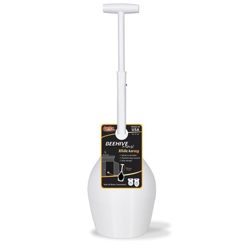 Black and white plunger with holder by Emery Jensen, featuring a sturdy handle and secure stand for bathroom use.