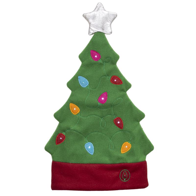 Pack of 12 Emery Jensen plush Santa tree hats with LED lights, festive holiday decor for Christmas celebrations.