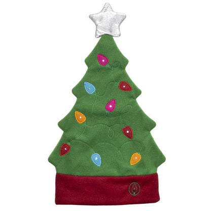 Pack of 12 Emery Jensen plush Santa tree hats with LED lights, festive holiday decor for Christmas celebrations.