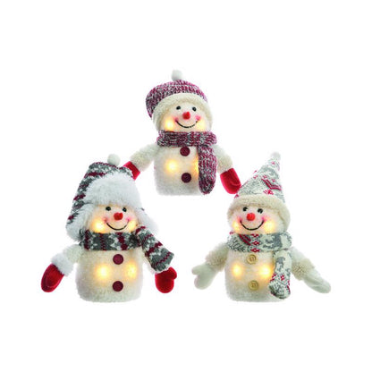 Emery Jensen LED plush snowman decor with soft plush fabric and warm LED lights, perfect for festive holiday decoration.