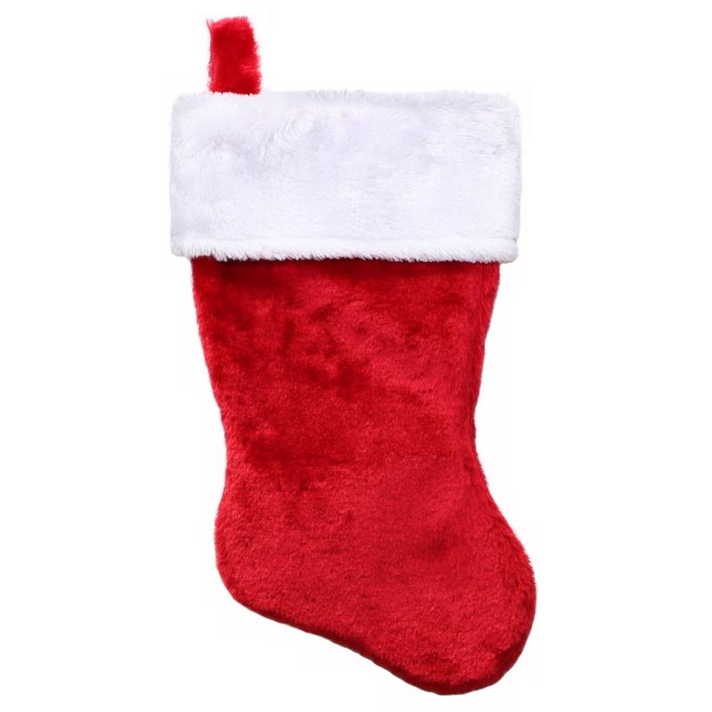 Set of 12 Emery Jensen plush red stocking decorations, 17.5 inches tall, soft plush material for festive holiday decor.
