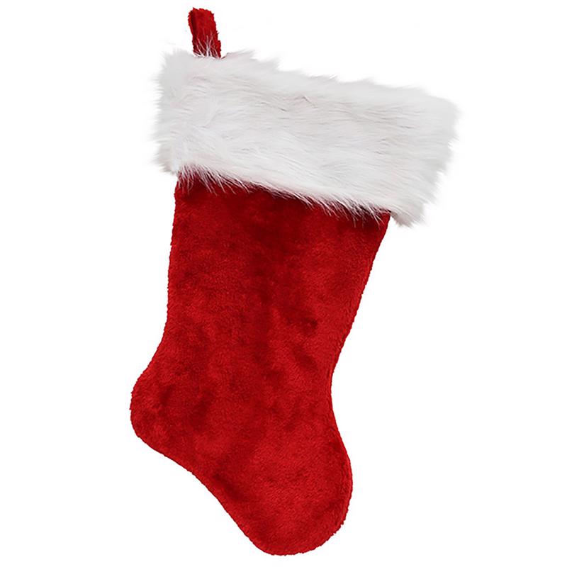 Set of 12 red plush stockings, 20 inches tall, by Emery Jensen, soft decorative holiday decor for festive displays.