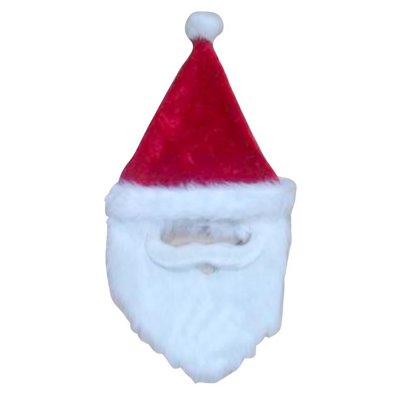 Pack of 12 plush Santa hats with beards by Emery Jensen, perfect for holiday decorations and festive displays.