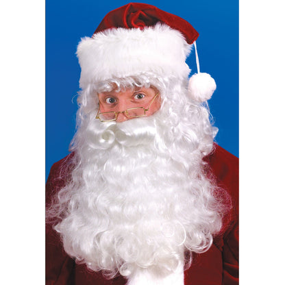 Emery Jensen plush decor Santa wig and beard set with red and white fluffy fabric for holiday decoration.