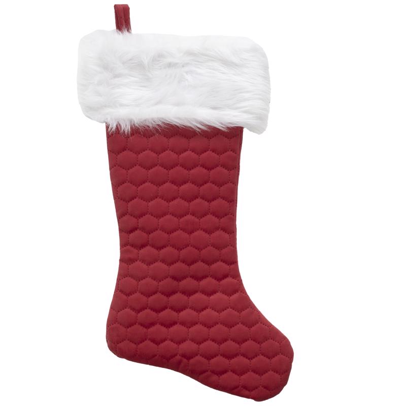 Set of 12 Emery Jensen plush Christmas stockings in red and white, 20 inches tall, for holiday decoration.