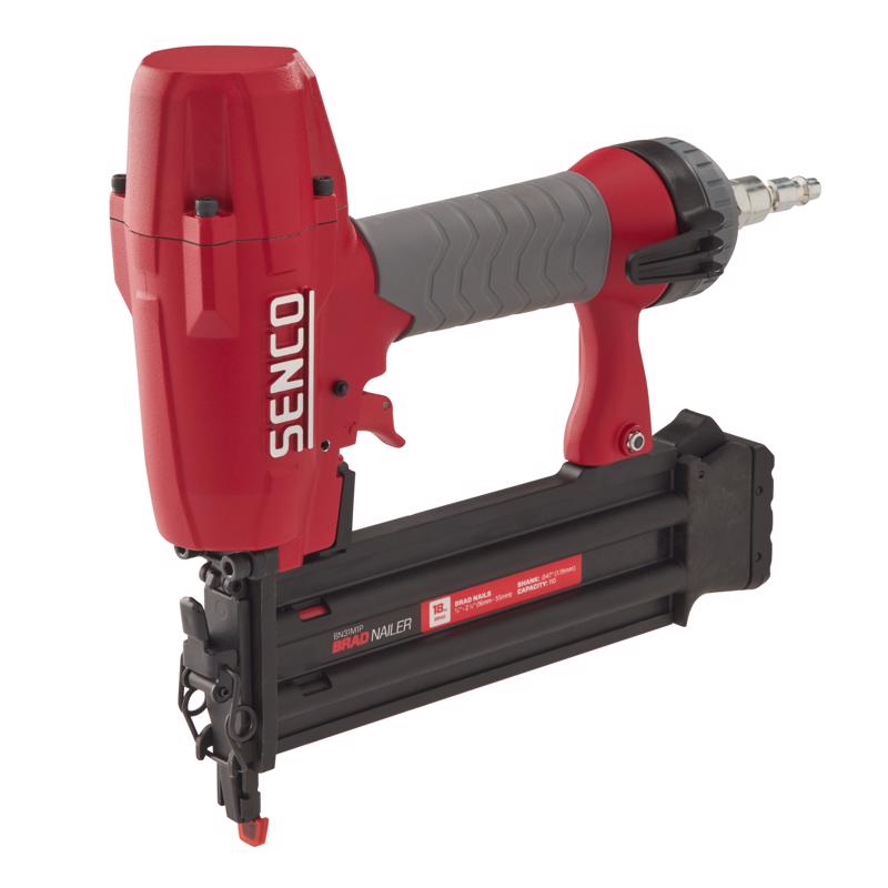 Emery Jensen Brad NLR 18GA pneumatic nailer with 2-1/8-inch nails, shown in a close-up view for woodworking projects.