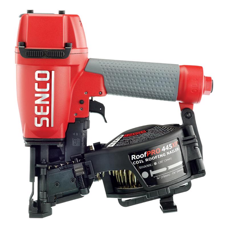Emery Jensen coil roof nailer, 1-3/4-inch pneumatic nailer for roofing applications, showing the tool's metal construction and ergonomic handle.