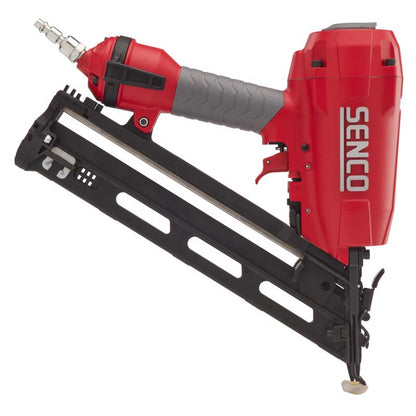 Emery Jensen Finish NLR 15GA pneumatic nailer with 2-1/2 inch nails, showing the tool and its ergonomic design.