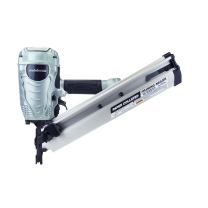 Emery Jensen pneumatic nailer with 3-1/2-inch Framenailer paper nails for framing and construction projects.