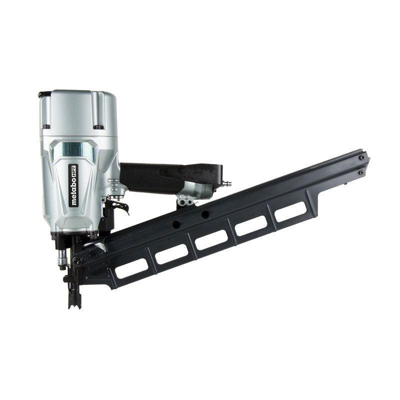 Emery Jensen framing NLR pneumatic nailer with 3-1/4-inch PS D/A design, shown in a close-up of the tool's front and nail magazine.