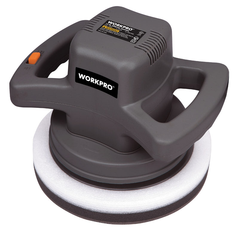 Emery Jensen 10-inch orbital buffer polisher for automotive and surface polishing, featuring a sturdy design and ergonomic grip.