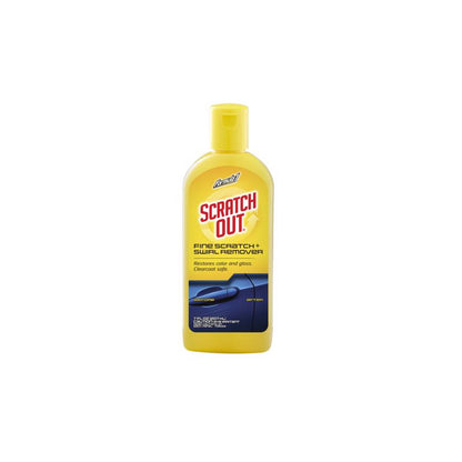 Emery Jensen Scratch-out Liquid polishing compound in a 7 oz bottle, designed for removing scratches from surfaces.