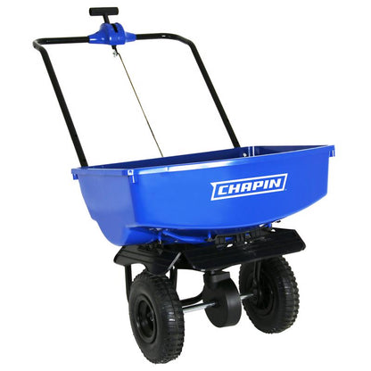 Emery Jensen Chapin salt spreader, poly broadcast spreader for lawn and garden use, durable plastic construction.