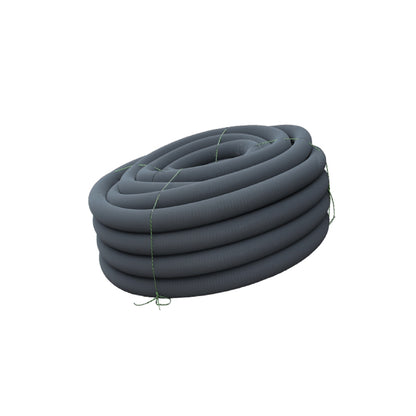 Poly corrugated drain pipe with sock, 6-inch by 100-foot, by Emery Jensen, used for drainage and water management systems.