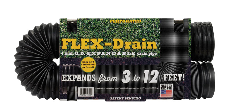 Emery Jensen 4-inch poly corrugated drain pipe, 12-foot length, flexible drainage piping for outdoor or underground plumbing.