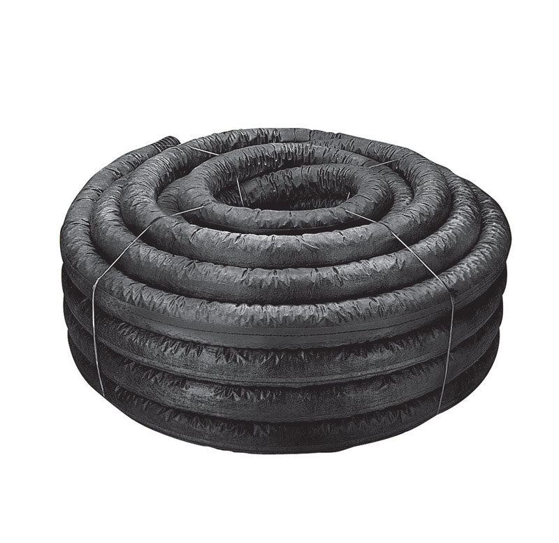Poly corrugated drain pipe by Emery Jensen with perforated design and sock, 4x100 length for efficient drainage systems.
