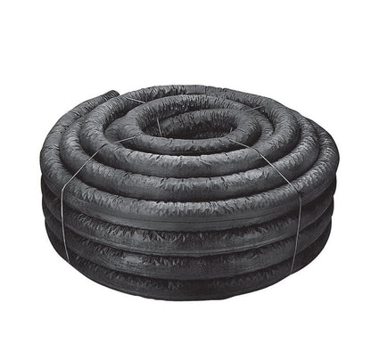 Poly corrugated drain pipe by Emery Jensen with perforated design and sock, 4x100 length for efficient drainage systems.