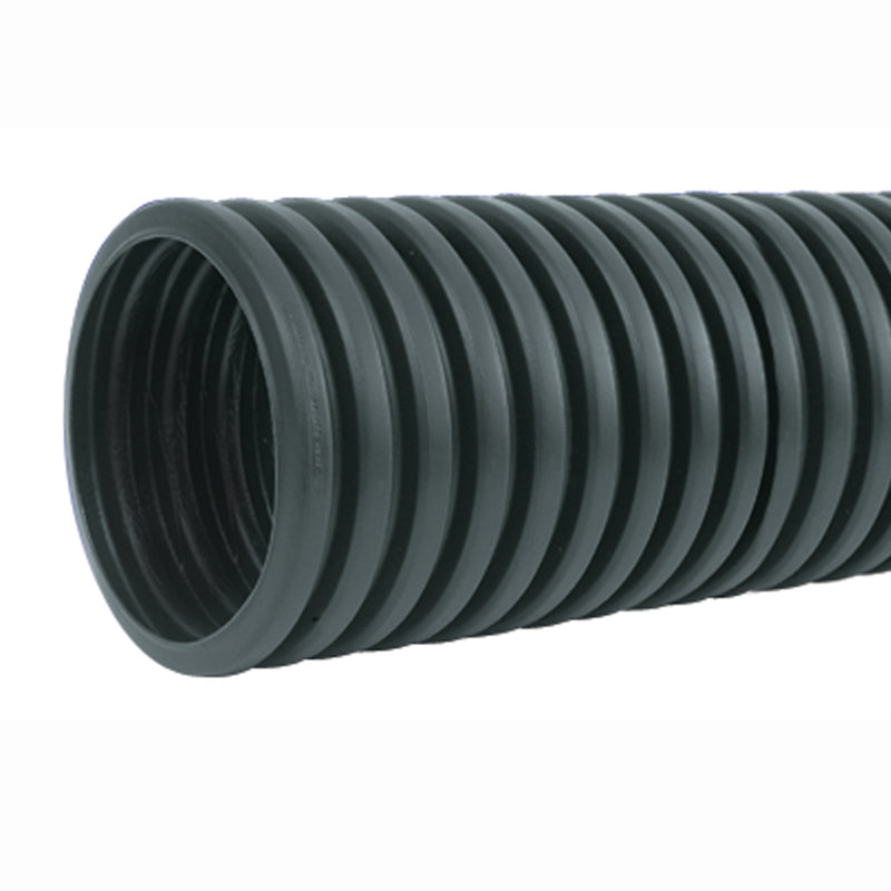 Emery Jensen 6-inch poly corrugated drain pipe for drainage systems, shown in a close-up image of the pipe's textured surface.