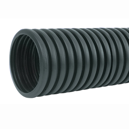 Emery Jensen 6-inch poly corrugated drain pipe for drainage systems, shown in a close-up image of the pipe's textured surface.