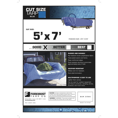 Blue Emery Jensen poly tarp, 5x7 feet, heavy-duty poly tarp for covering and protection outdoor equipment and furniture.