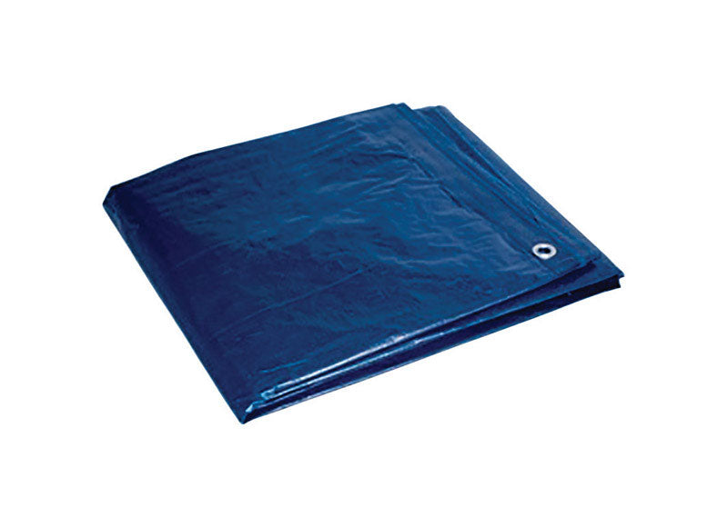 Blue 10x12-foot poly tarp by Emery Jensen, durable waterproof tarp for covering and protecting outdoor equipment