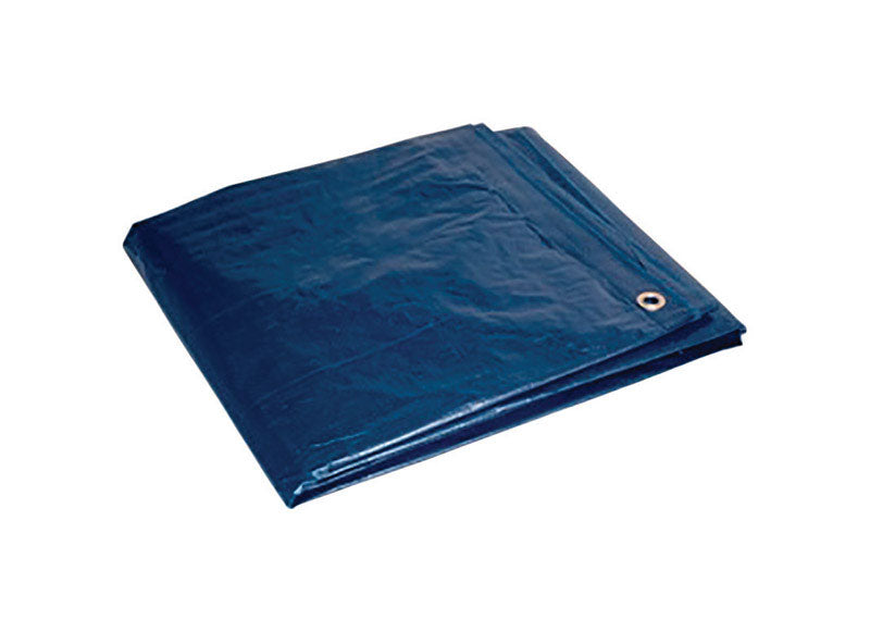 Blue 12x16-foot heavy-duty poly tarp by Emery Jensen, weather-resistant waterproof tarp for covering and protecting surfaces.