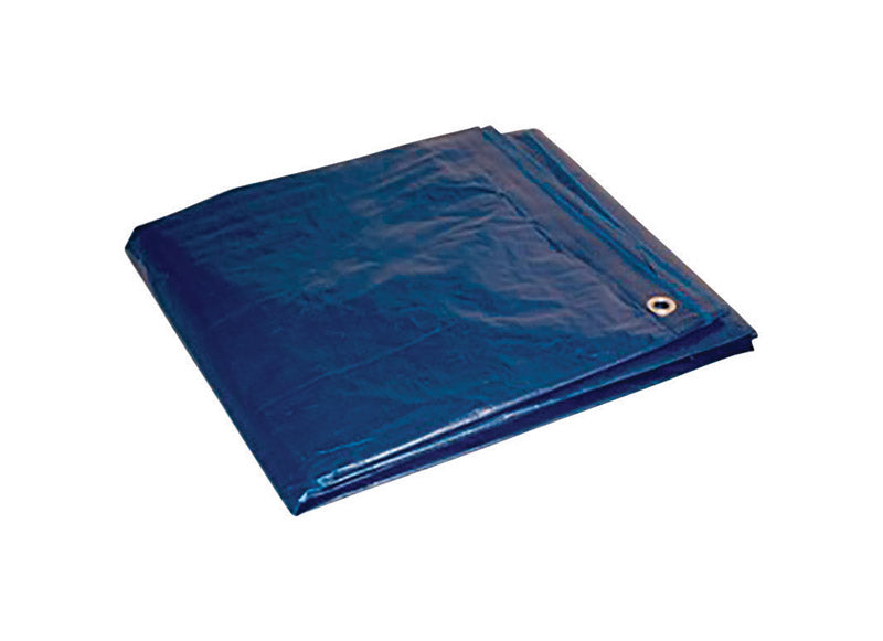 Blue 20x30-foot poly tarp by Emery Jensen, durable waterproof tarp for cover and protection, shown spread out flat.