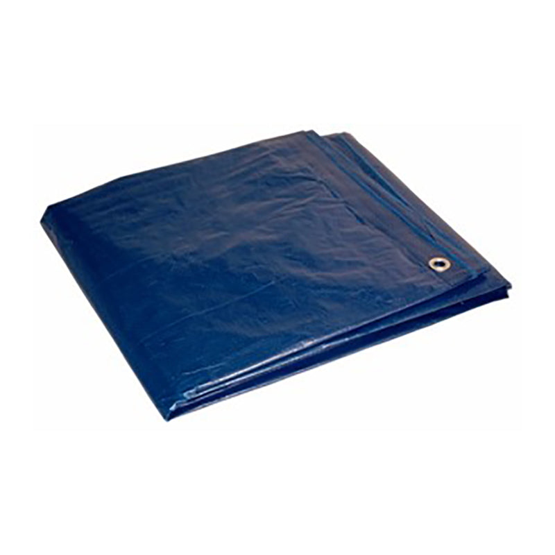 Blue 8x10-foot Emery Jensen poly tarp, durable waterproof cover, suitable for outdoor protection and covering equipment.