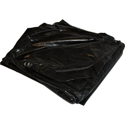 Black 8mil thick Emery Jensen Poly Tarp, 9x9 feet, durable polyethylene tarp for covering and protecting outdoor items.