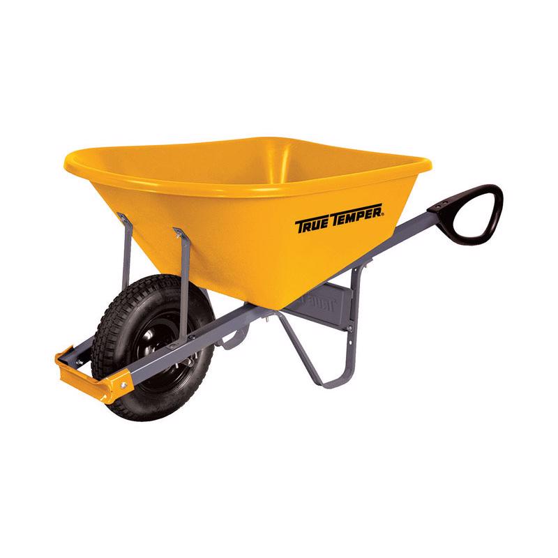Poly tub wheelbarrow by Emery Jensen, 6 cubic feet capacity, with sturdy poly tray and metal handles for easy gardening use.