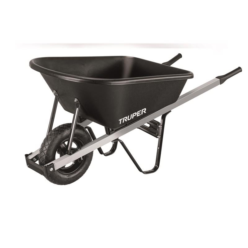 Poly tub wheelbarrow with 14-inch wheels from Emery Jensen, featuring a sturdy plastic tub and metal frame for heavy-duty use.