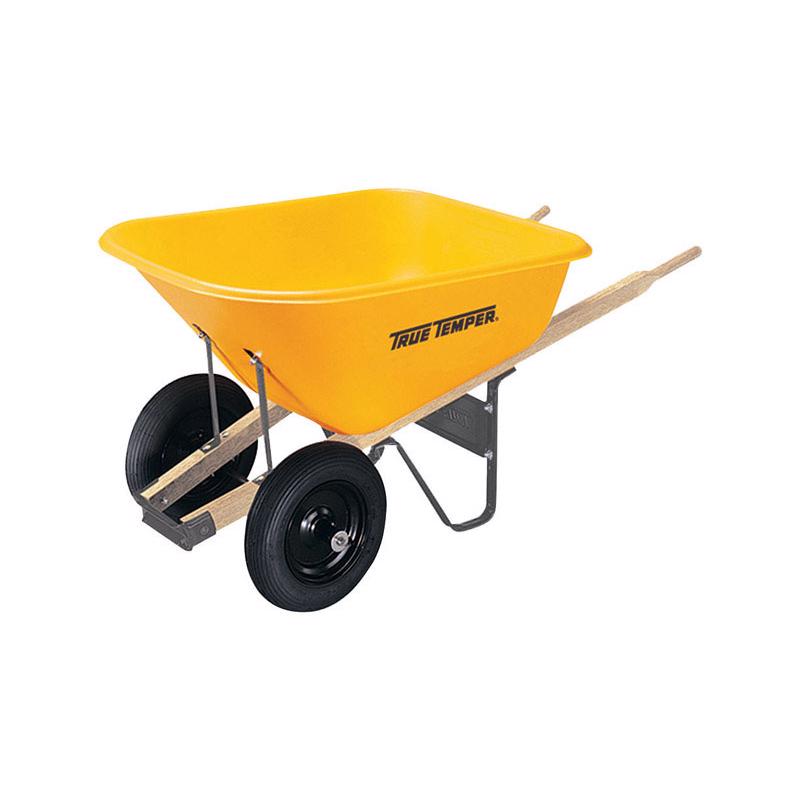Yellow Emery Jensen poly tub wheelbarrow with two wheels and 8 cubic feet capacity, designed for heavy-duty yard work.