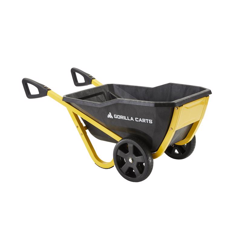 Emery Jensen 600lb poly tub yard cart with sturdy wheels, ideal for hauling heavy loads in garden or construction settings.