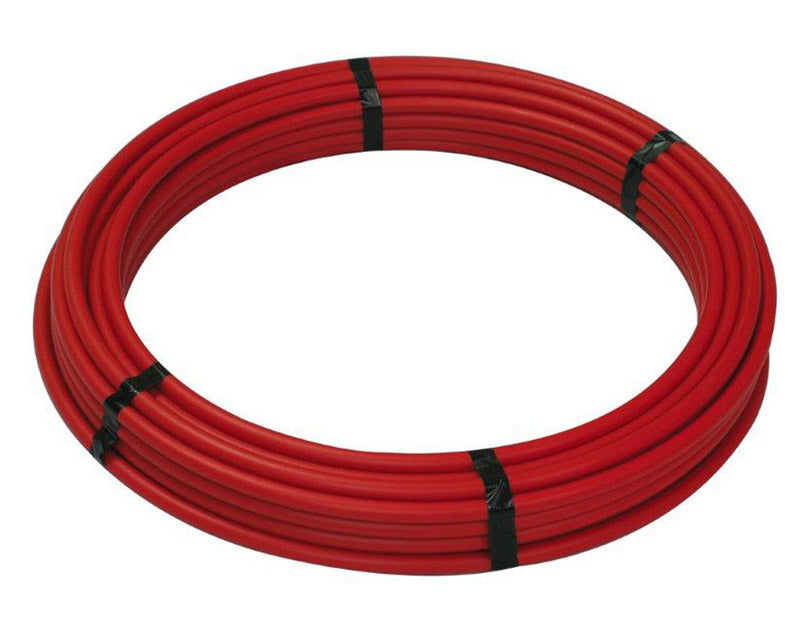 Red Emery Jensen PEX polyethylene pipe, 1/2 inch diameter, 100 feet long, used for plumbing and fluid transfer.