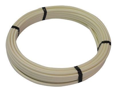 White PE pipe, 1-inch diameter, 100 feet long, from Emery Jensen, made of durable polyethylene for plumbing or irrigation use.