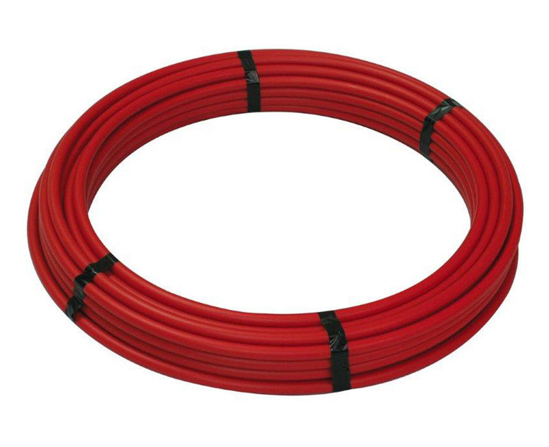 Red Emery Jensen PEX polyethylene pipe, 3/4 inch diameter, 100 feet length, used for plumbing and water supply applications.