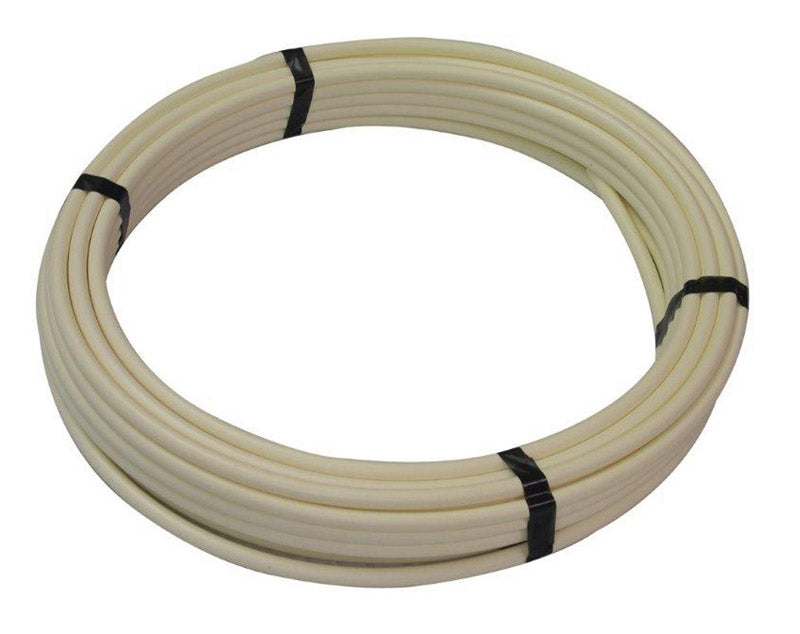 White 3/8-inch polyethylene PEX pipe by Emery Jensen, 50-foot length, used for plumbing and water supply systems.