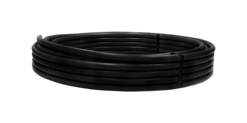 Black 1.25-inch by 100-foot polyethylene pressure pipe by Emery Jensen, durable and flexible for water and gas distribution.