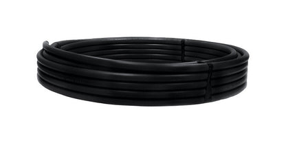 Black 1.25-inch by 100-foot polyethylene pressure pipe by Emery Jensen, durable and flexible for water and gas distribution.