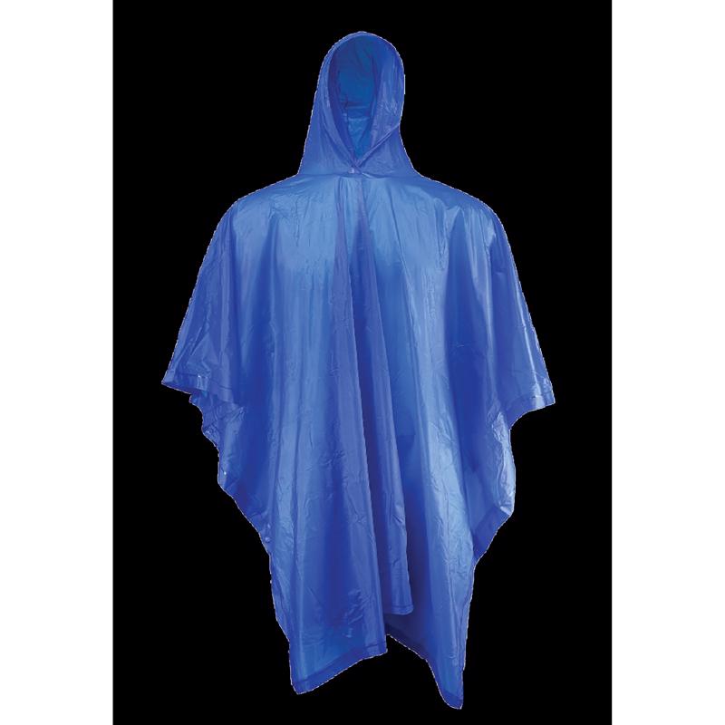 Blue PVC rain poncho by Emery Jensen, lightweight waterproof poncho for protection during wet weather.